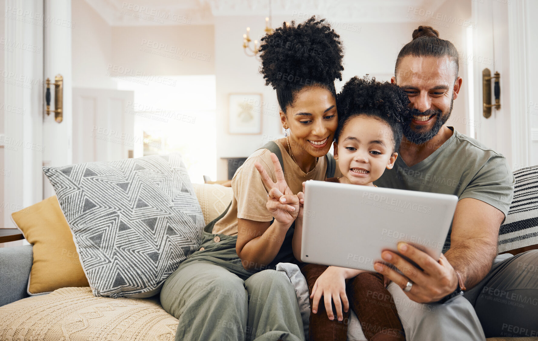 Buy stock photo Selfie, family and parents with a tablet, boy and connection with games, cartoon and streaming movies. Home, mother or father on a couch, child or kid with technology, relax or social media for fun