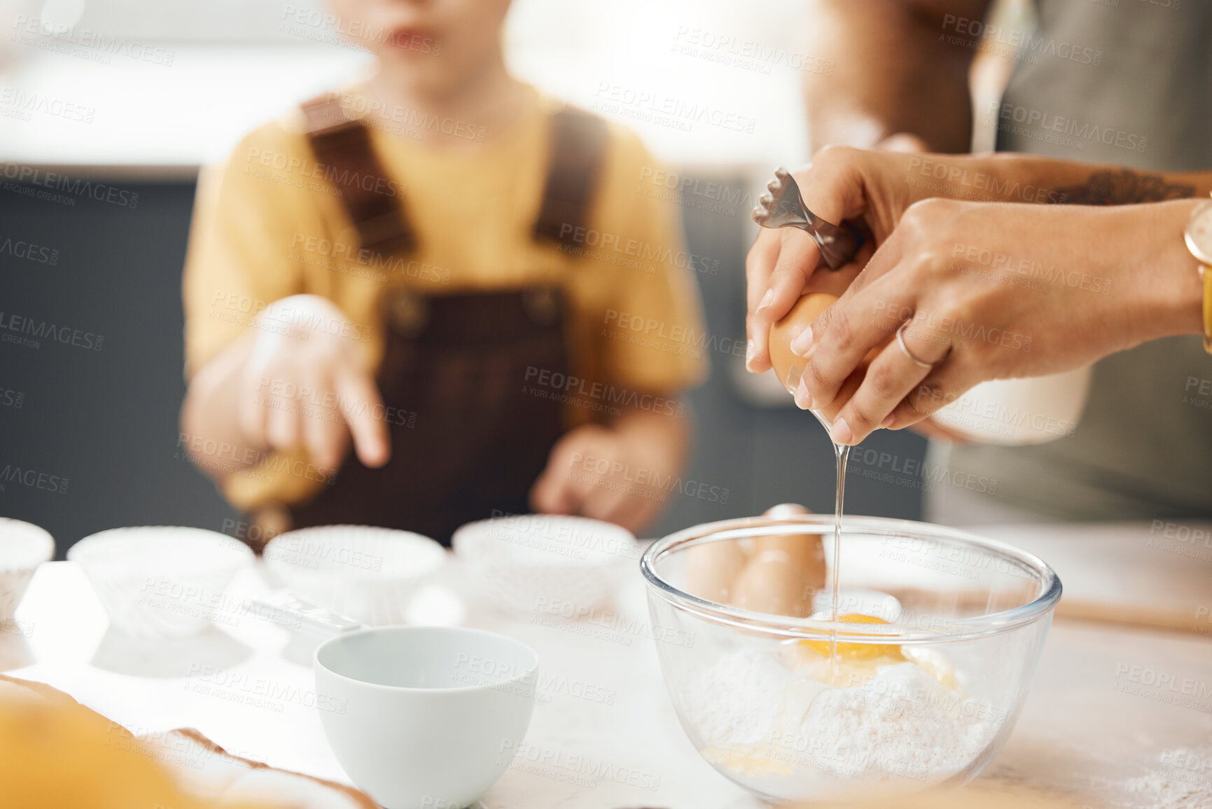 Buy stock photo Hands, crack egg and cooking in kitchen on bowl on table with family in home. Food, bakery and break eggshell for ingredient in flour for healthy diet, protein nutrition and preparation of pastry.