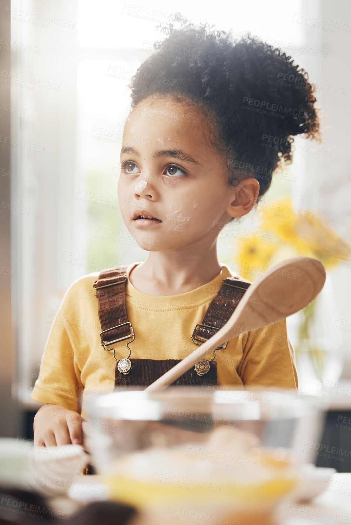 Buy stock photo Kid in kitchen, baking with wooden spoon and cake flour on face, little baker making breakfast or cookies. Learning, cooking and boy chef in home with mixing bowl, tools and food, child in morning.