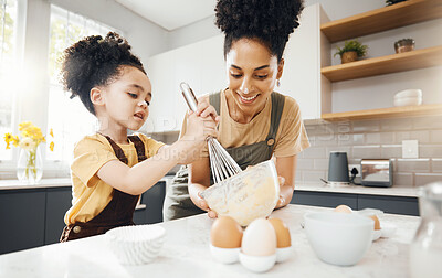 Buy stock photo Child, mom and baking in kitchen, helping and learning with support, development and breakfast. Home, cooking and boy chef with happy mother teaching, mixing bowl for whisk and eggs recipe in morning