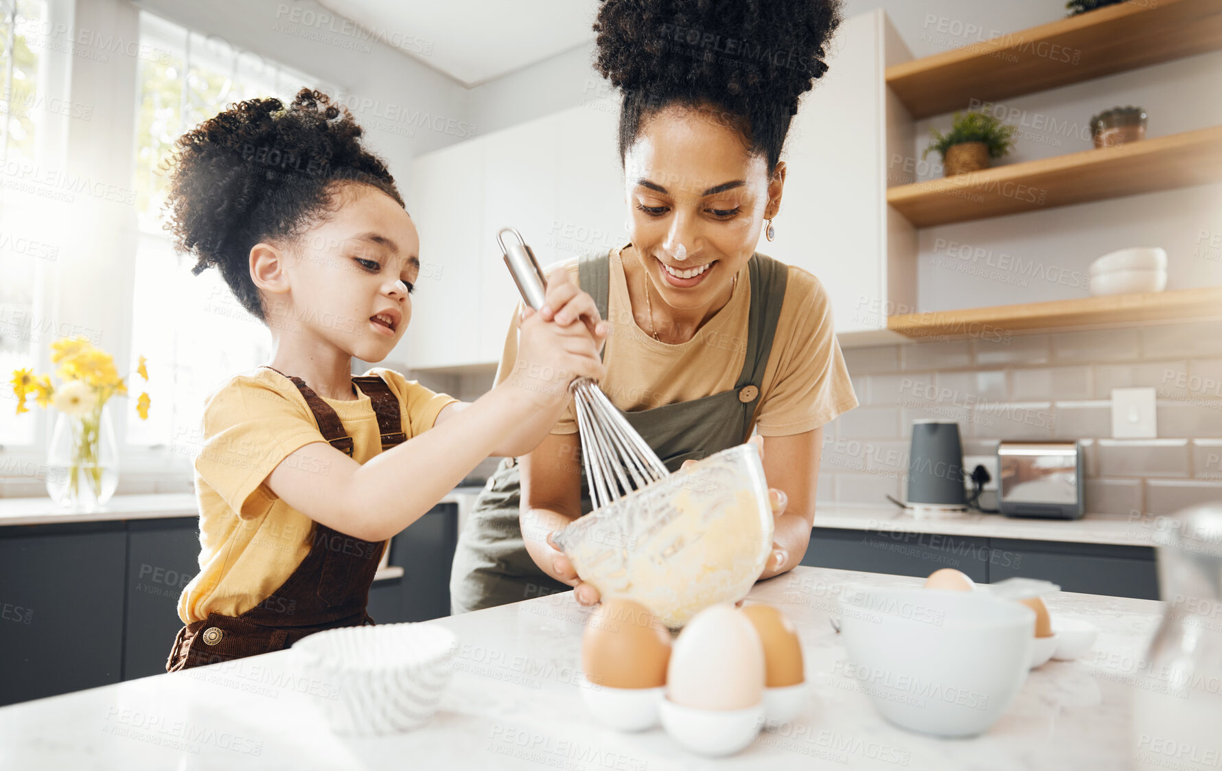 Buy stock photo Child, mom and baking in kitchen, helping and learning with support, development and breakfast. Home, cooking and boy chef with happy mother teaching, mixing bowl for whisk and eggs recipe in morning