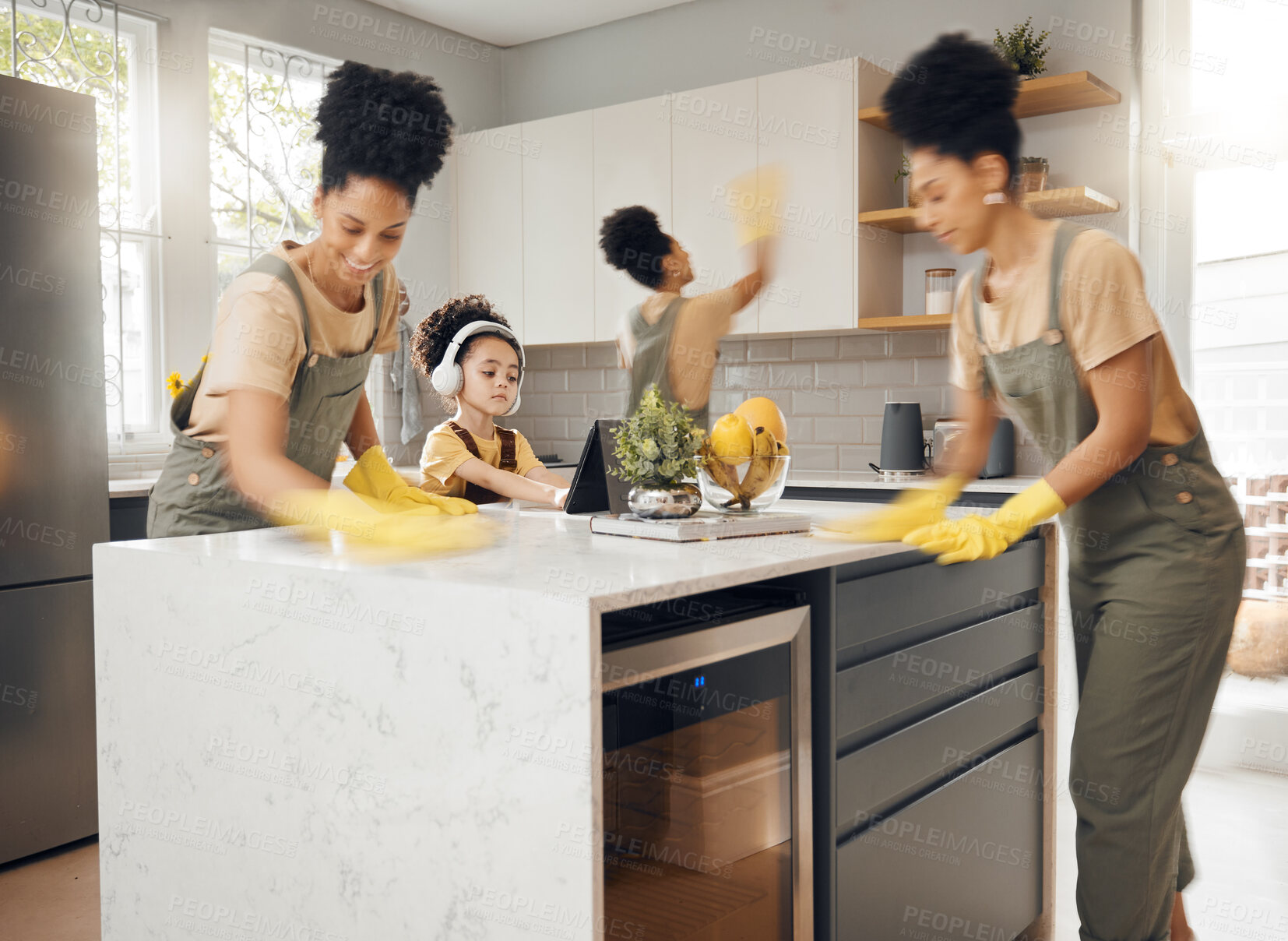 Buy stock photo Mom, cleaning kitchen or multitasking with boy child, listening to music, headphones or e learning tablet in family home. Mother or kid for hygiene, cloth or ppe for bacteria, dust or dirt composite