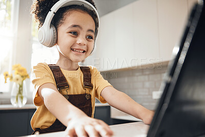 Buy stock photo Headphones, tablet and kid elearning in home, happy and online education for homeschool. Excited, technology and boy child on video call, studying on internet and listening to music in virtual class