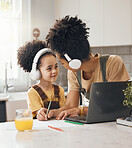 Online education, mom and child in kitchen with love, headphones and laptop for virtual class. Computer, mother and boy working together for elearning, help with writing and kid in kitchen with smile