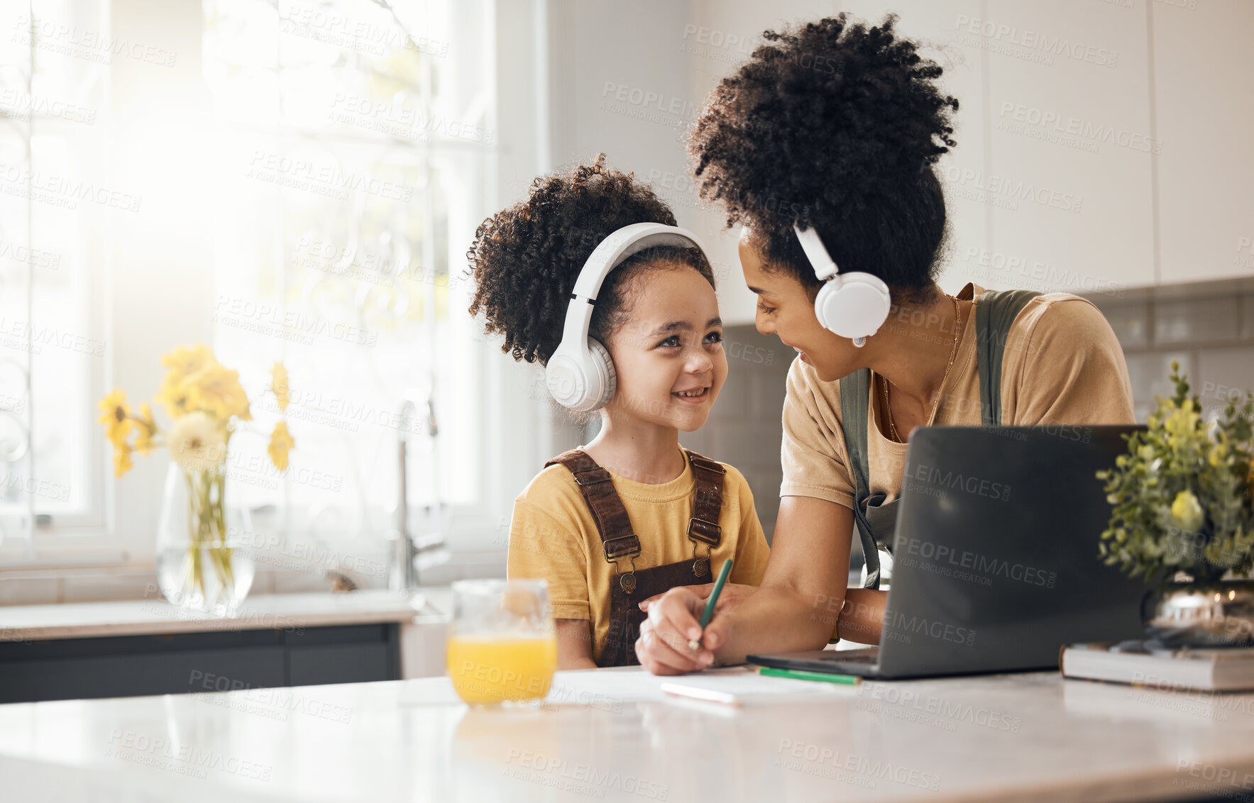 Buy stock photo Online education, mother and child in home with headphones, laptop and homework for virtual class. Computer, mom and boy working together for elearning, help on writing and kid for school with smile.