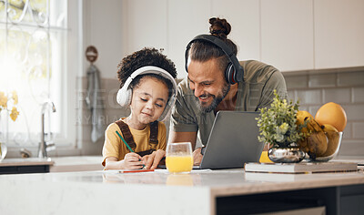 Buy stock photo Elearning, father and child in kitchen with headphones, laptop and homework for online class. Computer, dad and boy working together for virtual school, help with writing and kids education in home.