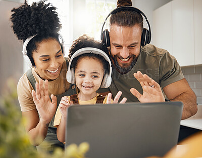 Buy stock photo Laptop, headphones and parents with child on video call and wave hello, communication and people at home. Happy family, conversation and smile with app, network and connectivity, bonding and contact