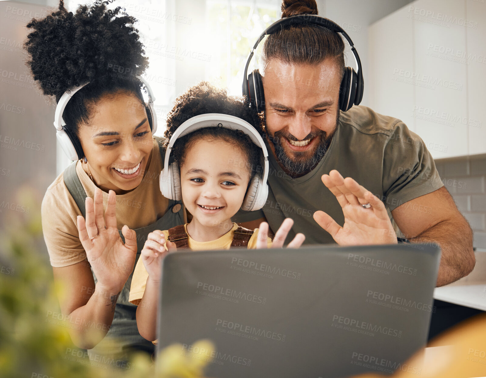 Buy stock photo Laptop, headphones and parents with child on video call and wave hello, communication and people at home. Happy family, conversation and smile with app, network and connectivity, bonding and contact