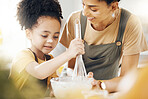 Boy, mom and baking in kitchen, teaching and learning with support, development and breakfast. Cupcake, cooking and child chef helping happy mother, mixing bowl for milk and eggs recipe in morning.