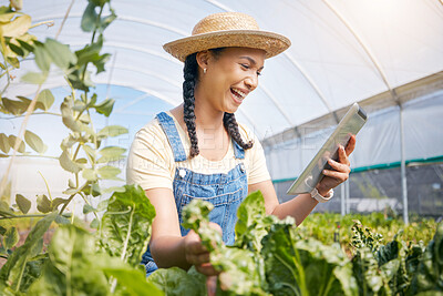 Buy stock photo Farmer, happy woman and tablet in greenhouse, agro business results and vegetables or agriculture e commerce. Young worker farming, reading news and sales on digital tech, food and gardening progress