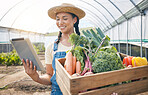 Farmer, tablet and vegetables box for agriculture, sustainability and farming in greenhouse or agro business. Person on digital technology, harvest and gardening e commerce inventory and market sales
