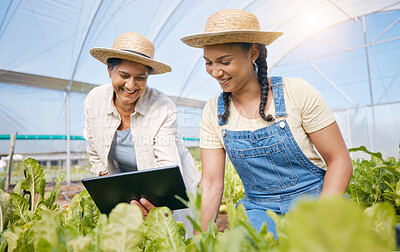 Buy stock photo Teamwork, agriculture and women with a tablet in a greenhouse for plants and sustainability. Happy people with technology together on farm for eco growth, agro business or quality control app