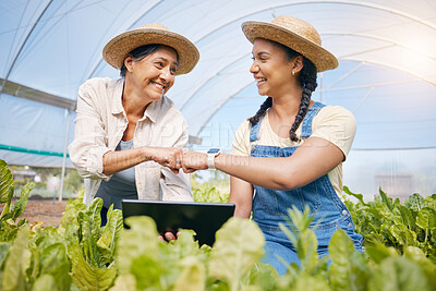 Buy stock photo Success, agriculture and teamwork with a tablet in a greenhouse for plants or sustainability. Happy people with technology and fist bump to celebrate farm growth, agro business or quality control app