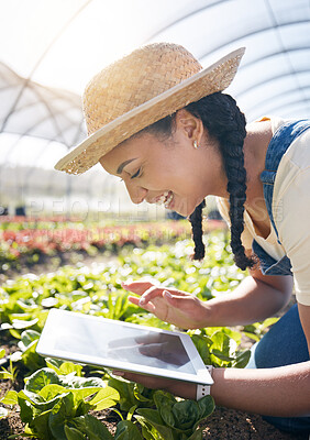 Buy stock photo Woman, farming or smile with tablet in greenhouse for agriculture, gardening lettuce and vegetables plants. Farmer, digital tech and agro app for food production, inspection and sustainable business