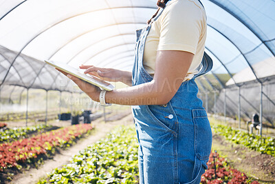Buy stock photo Hands, farming and agriculture with a tablet in a greenhouse for plants, innovation and sustainability. A farmer person with technology for e commerce, agro business management or food production app