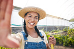 Selfie, happy and farmer woman in a greenhouse for agriculture or sustainability in the harvest season. Portrait, smile and happy with a young female farming in a natural garden for ecology or growth