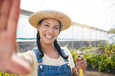 Buy stock photo Selfie, happy and farmer woman in a greenhouse for agriculture or sustainability in the harvest season. Portrait, smile in nature and a young female farming in a natural garden for ecology and growth