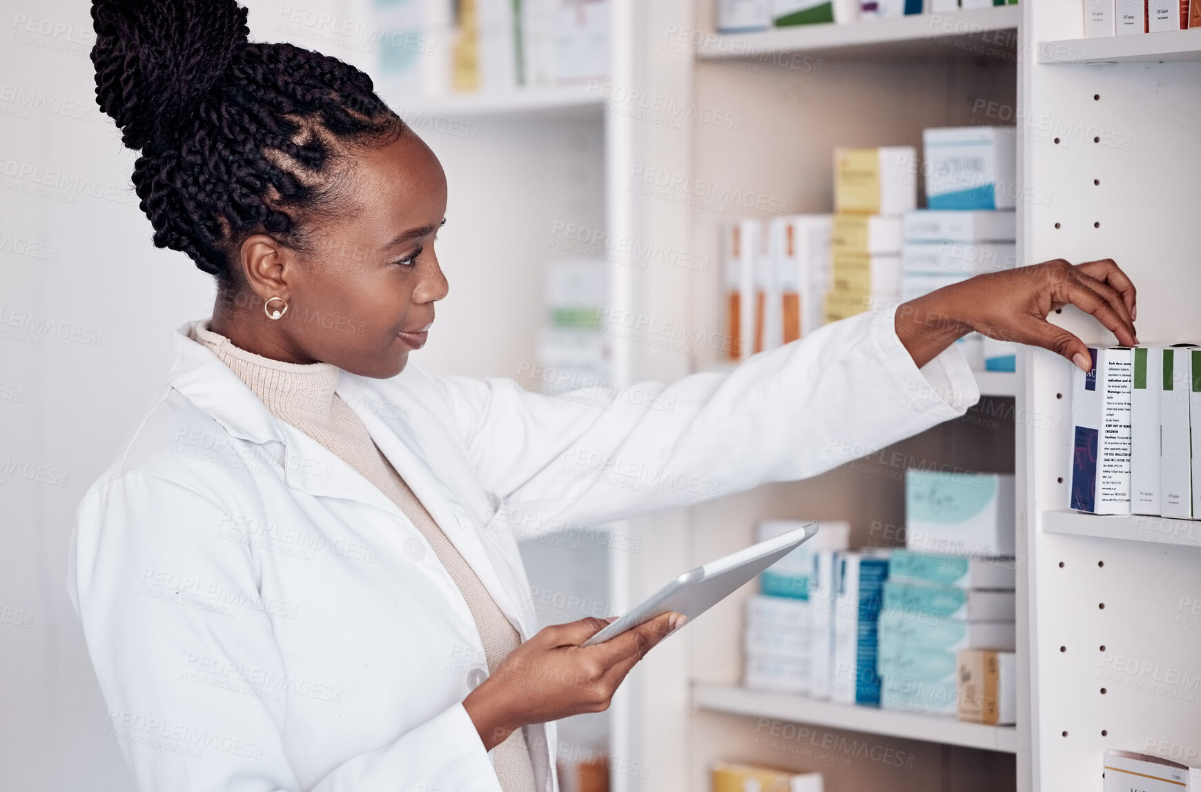Buy stock photo Pharmacy, pharmacist and digital tablet on medicine shelf, healthcare inventory and boxes or stock management. Medical woman or doctor with pills, product or tablet package for e commerce technology