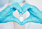 Vaccine, medical person and heart hands of doctor with medicine bottle for virus protection, safety or health security. Hospital policy, lab and closeup pharmacist, nurse and scientist with love sign