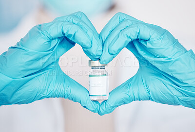 Buy stock photo Vaccine, medical person and heart hands of doctor with medicine bottle for virus protection, safety or health security. Hospital policy, lab and closeup pharmacist, nurse and scientist with love sign