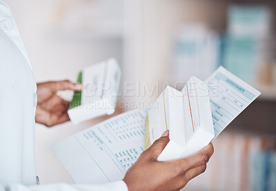 Buy stock photo Paperwork, pharmacist or hands with medicine pills, supplements products or drugs inventory. Documents, healthcare clinic or closeup of doctor with box of medical product or pharmacy stock checklist