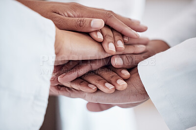 Buy stock photo Medical, collaboration and hands together in circle for team, unity and motivation at a hospital. Doctors, diversity and healthcare employees in a huddle for solidarity, help and support in medicine.