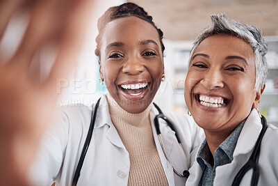 Buy stock photo Happy, portrait or doctors in a selfie for a social media profile picture of a healthcare team of friends in hospital. Women or faces of medical worker taking picture or photo for memory with smile