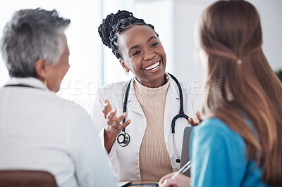 Buy stock photo Teamwork, doctors or happy woman in meeting or discussion for hospital planning or collaboration. Leadership, smile or nurses talking or speaking of medical healthcare research, report or news update