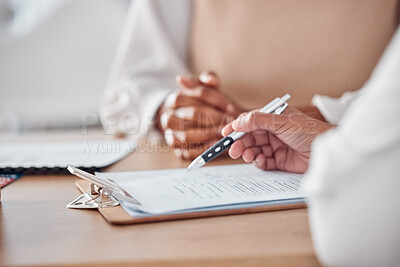 Buy stock photo Hands, contract or doctor consulting a patient in meeting in hospital writing history or healthcare record. Document closeup, peperwork or nurse with person speaking of test results or medical advice