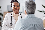 Happy, black woman or doctor consulting a patient in meeting in hospital for healthcare feedback or support. Smile, medical or nurse with a mature person talking or speaking of test results or advice