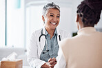 Happy, mature or doctor consulting a patient in meeting in hospital for healthcare help, feedback or support. People, medical or nurse with black woman talking or speaking of test results or advice 