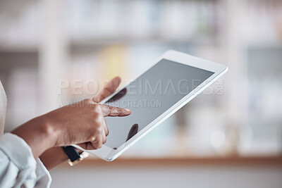 Buy stock photo Woman pharmacist with tablet, typing in clinic and research for medical information, email or online chat. Digital app scroll, networking and doctor in pharmacy checking social media or internet news