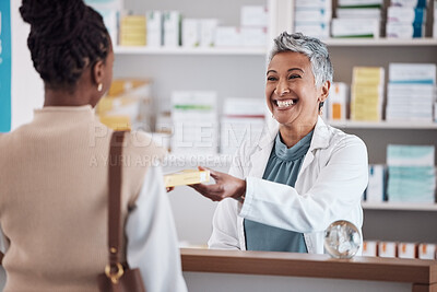 Buy stock photo Pharmacist, medicine or happy woman giving package to patient in customer services help desk. Pharmacy, smile or mature doctor with medical product, pills or supplements in retail healthcare clinic