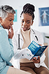 Brochure, consulting or doctor speaking to woman for life insurance or healthcare services or medical data. Medicine, nurse helping or mature patient learning info on pamphlet in hospital for advice