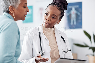 Buy stock photo Black woman, doctor and elderly patient for consultation, advice and report with results for health. Healthcare, senior person and medical expert in communication and discussion in hospital office