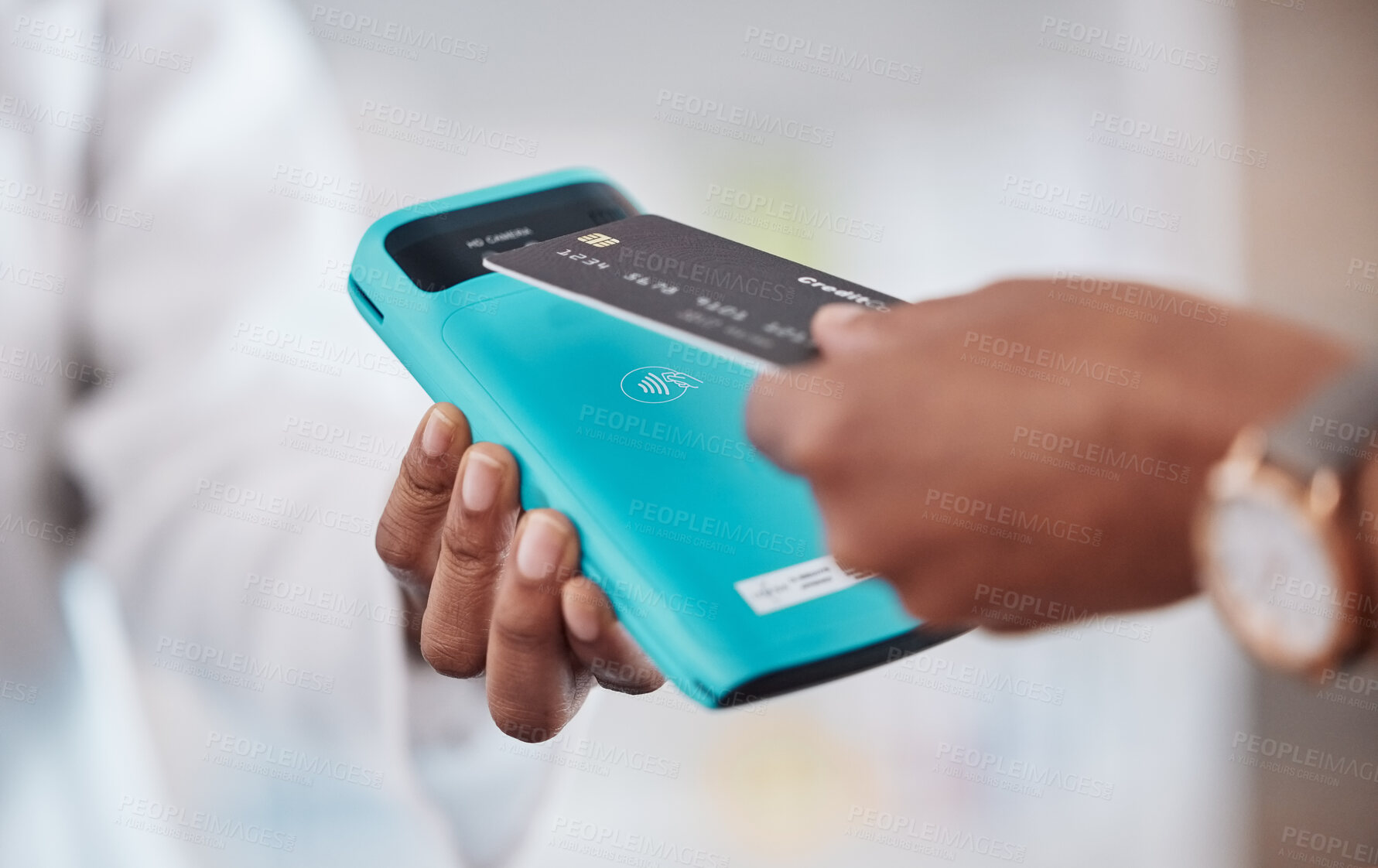 Buy stock photo Pharmacist hands, credit card and machine for healthcare POS, clinic online payment and customer service. Pharmacy fintech, doctor or people at point of sale, medical shopping or hospital transaction