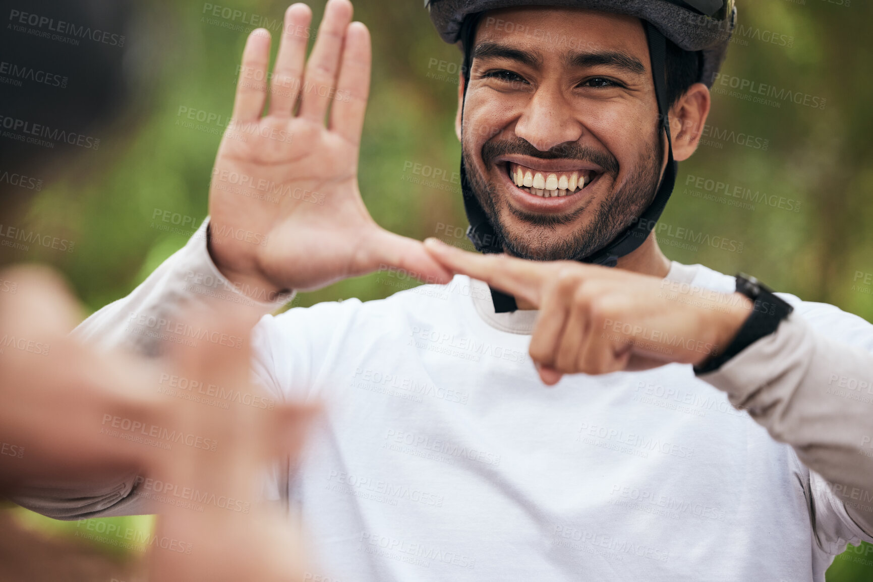 Buy stock photo Cycling, sign language and a man in training outdoor for fitness or communication with a deaf friend. Team building, health and a cyclist talking to a sports person with a disability in nature