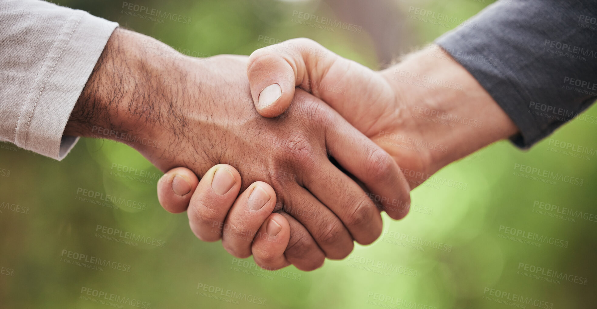 Buy stock photo Support, welcome and handshake with people in nature for motivation, thank you and meeting. Teamwork, trust and collaboration with closeup of friends shaking hands in park for partnership and hello