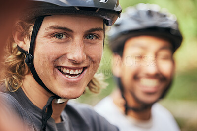 Buy stock photo Smile, portrait and a man with a cycling selfie in nature for fitness, travel or adventure memory. Happy, friends and a cyclist taking a photo in a forest for marathon, triathlon or sports training