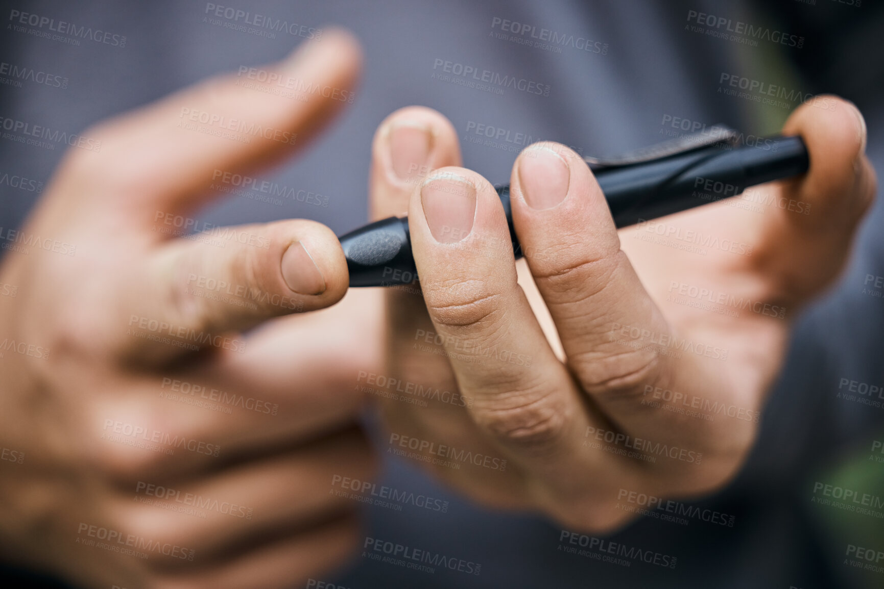 Buy stock photo Glucose, finger and hands with lancet needle for diabetes and blood sugar test, check and monitor. Healthcare, medical care and closeup of person prick fingers for treatment, medicine and inspection 