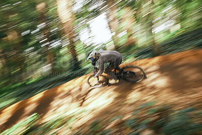 Buy stock photo Bicycle, man and forest speed blur for workout outdoor in woods for healthy body. Mountain bike, nature and athlete training, cycling fast or off road adventure on journey, exercise or sport travel