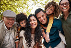 Nature park, portrait and big family smile for outdoor wellness, bonding and connect on Mexican vacation. Forest, face and relax children, parents and grandparents happy for love, garden and support
