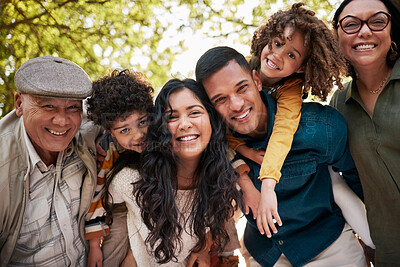 Buy stock photo Nature park, portrait and big family smile for outdoor wellness, bonding and connect on Mexican vacation. Forest, face and relax children, parents and grandparents happy for love, garden and support