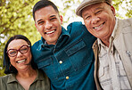 Nature portrait, mature parents and son smile for outdoor wellness, bonding and connect on Mexican holiday. Forest, face and happy family man, mother and father together with love, happiness and care