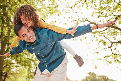 Buy stock photo Nature, fly and happy child, father and piggyback ride for fun outdoor games, Fathers Day bonding and quality time together. Woods, park and family dad, kid and playing with love, support and care