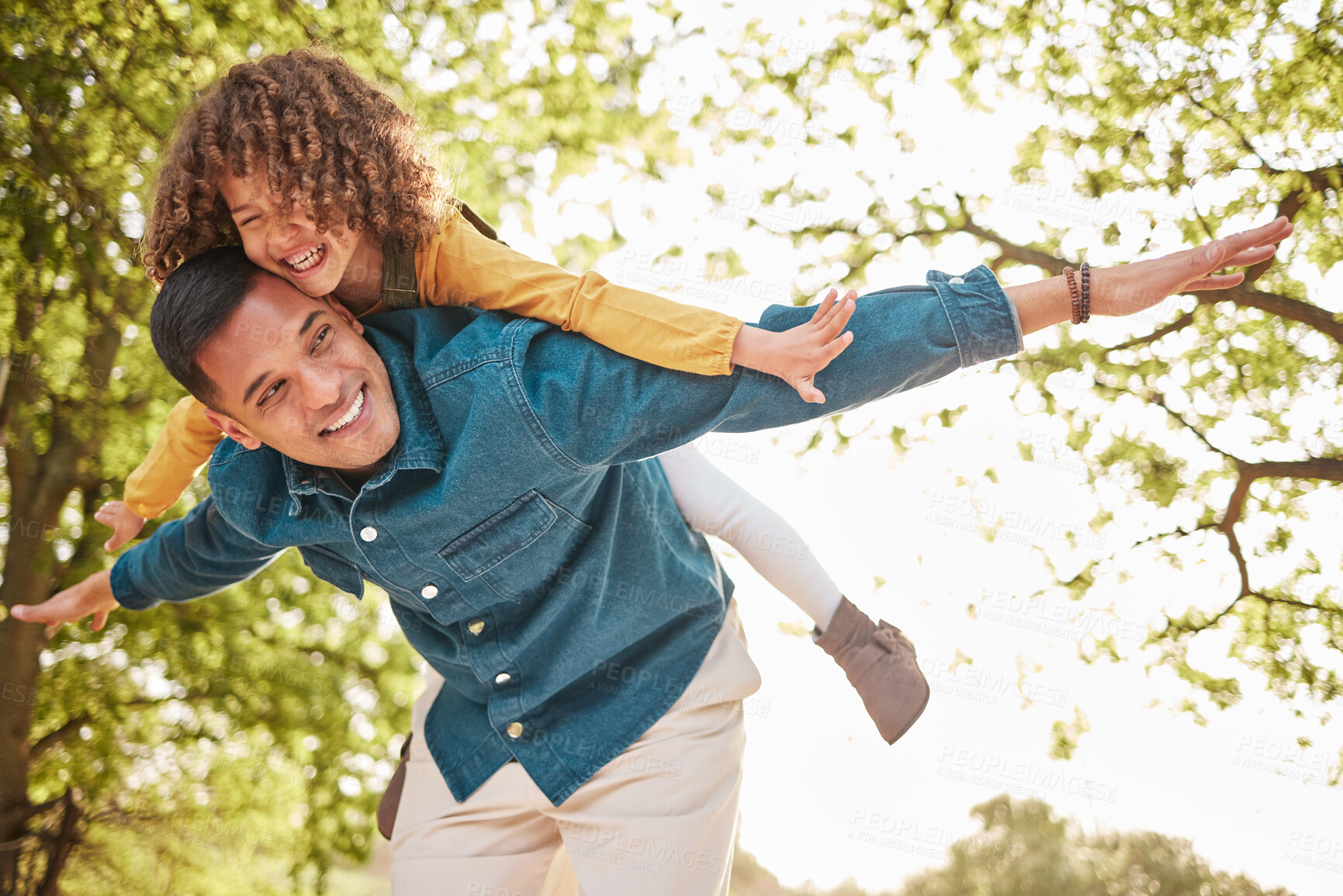 Buy stock photo Nature, fly and happy child, father and piggyback ride for fun outdoor games, Fathers Day bonding and quality time together. Woods, park and family dad, kid and playing with love, support and care