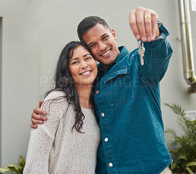 Buy stock photo Happy couple, portrait and real estate with keys to building, new home or property investment together. Man and woman or homeowners smile for moving in, buying or asset loan in finance and investing