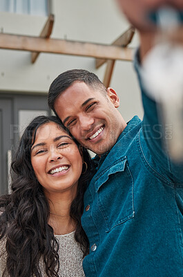 Buy stock photo Happy couple, portrait and real estate with keys to home, new building or property investment together. Man and woman or homeowners smile for moving in, buying or asset loan in finance and investing