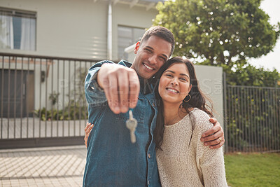 Buy stock photo Happy couple, portrait and real estate with keys in property, investment or new home together. Man and woman or homeowners smile for moving in, buying or building loan in asset finance or investing
