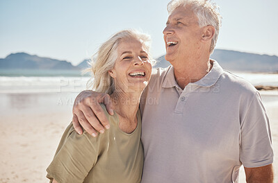 Buy stock photo Senior couple, outdoor and laughing at the beach with happiness, freedom and love on vacation. Funny man and woman on retirement holiday, adventure and romantic trip in nature to relax and travel